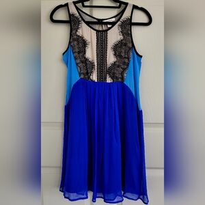 NWOT Sundance 100% Silk Blue & Black Lace Boho Babydoll Dress, Size Small